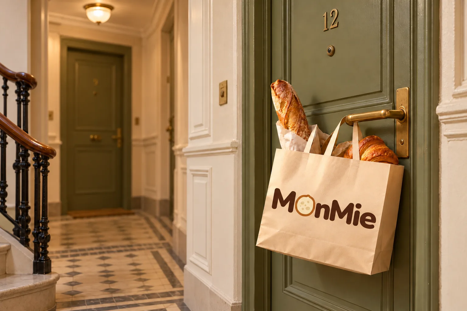 Un sac kraft MonMie avec une baguette et un croissant, accroché à la poignée d'une porte d'appartement dans un immeuble parisien